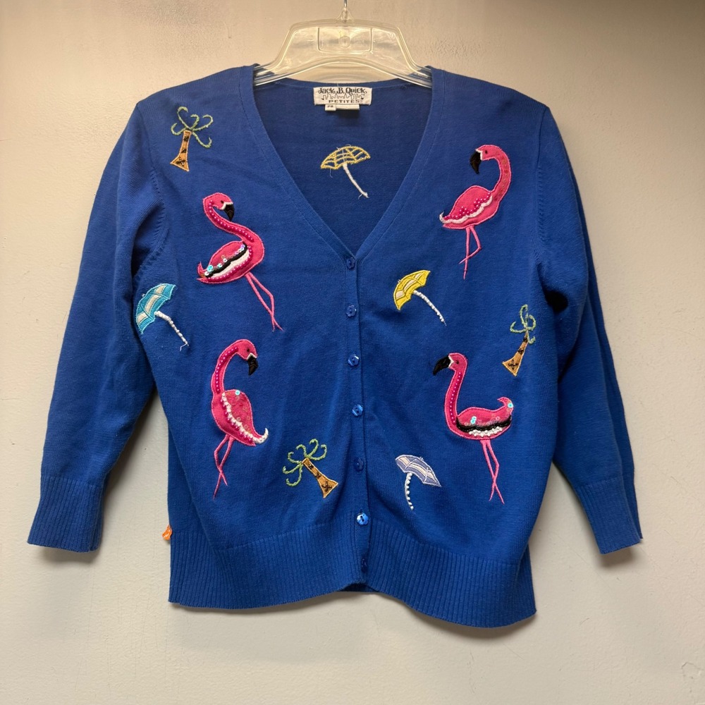 Jack B. Quick Cardigan Women PS Blue Excellent Flamingo Embroidered Novelty Knit